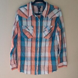 Wrangler Orange and Blue Plaid Button-Down Shirt